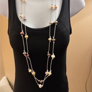 Double strand necklace gray cord with multi color fresh water pearls